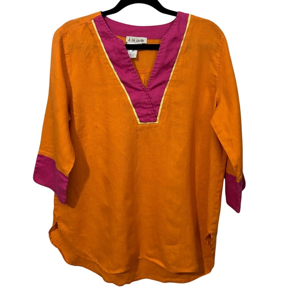 A la Carte‎ 3/4 Sleeve Boxy Tunic Top 100% Linen Orange Pink V Neck Round Hem